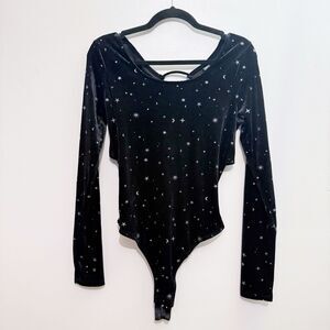 Wild Fable Black Velvet Bodysuit Celestial Stars Size M Open Back Witchy Whimsy